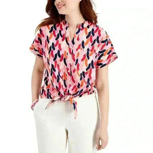 NWT Charter Club Luxury Linen Blouse‎ Collared V-Neck Pink/Red/Orange/Black S